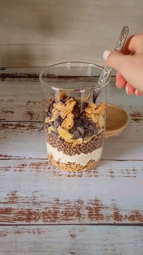 high protein granola mix with banana chips and chocolate chips