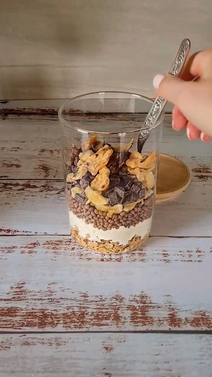 high protein granola mix with banana chips and chocolate chips