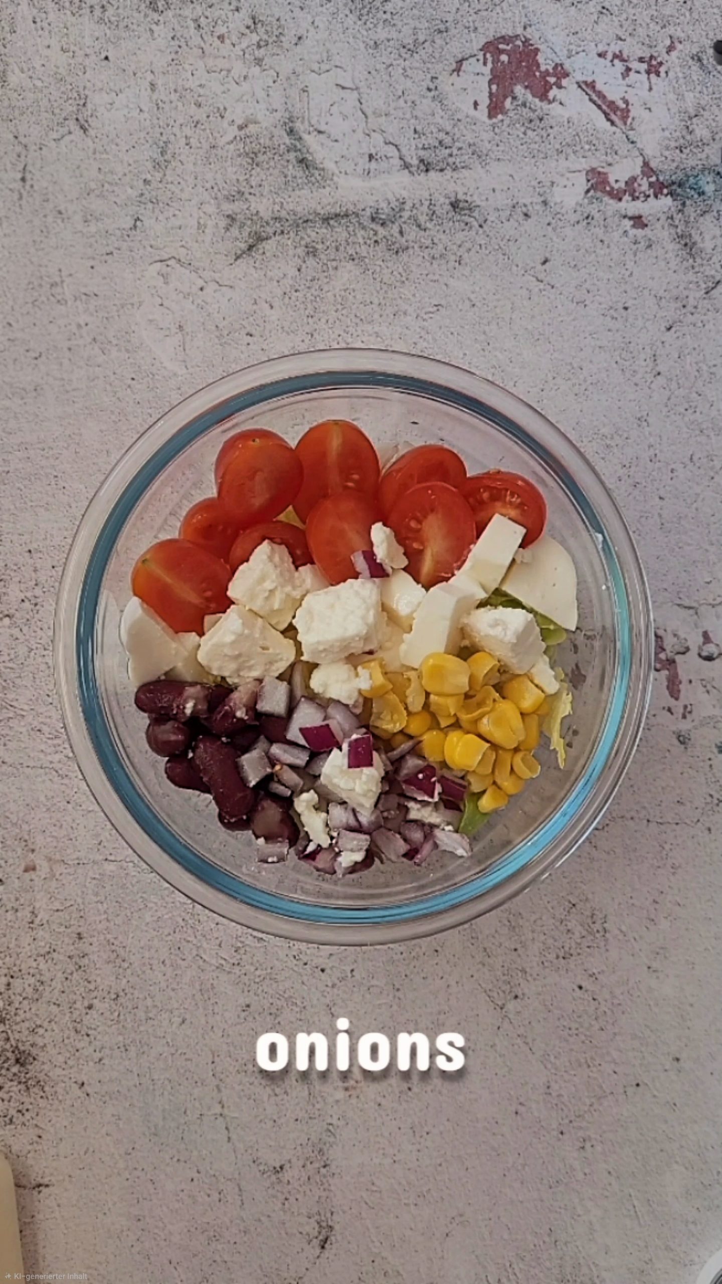 healthy bean feta salad in a bowl with tomatoes and mozzarella