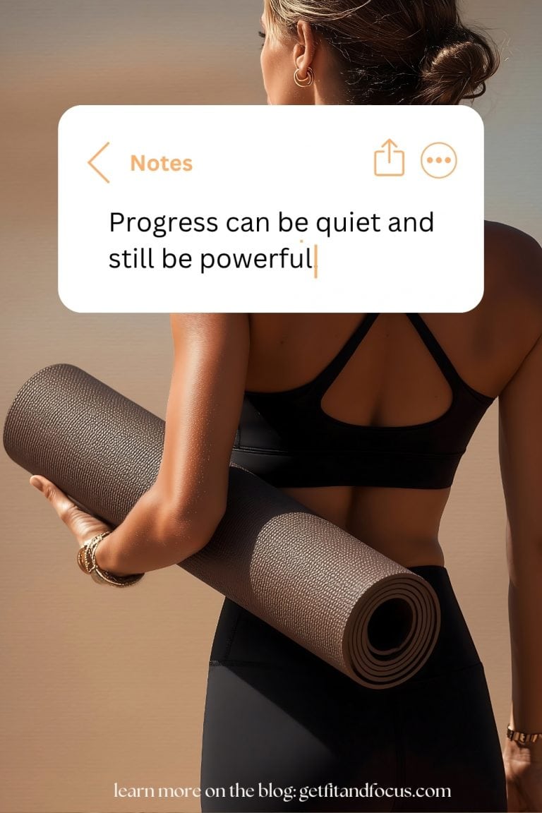 Woman holding a yoga mat with motivational quote about quiet progress
