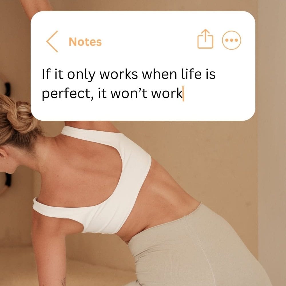 Woman doing home workout with quote about imperfect routines still working