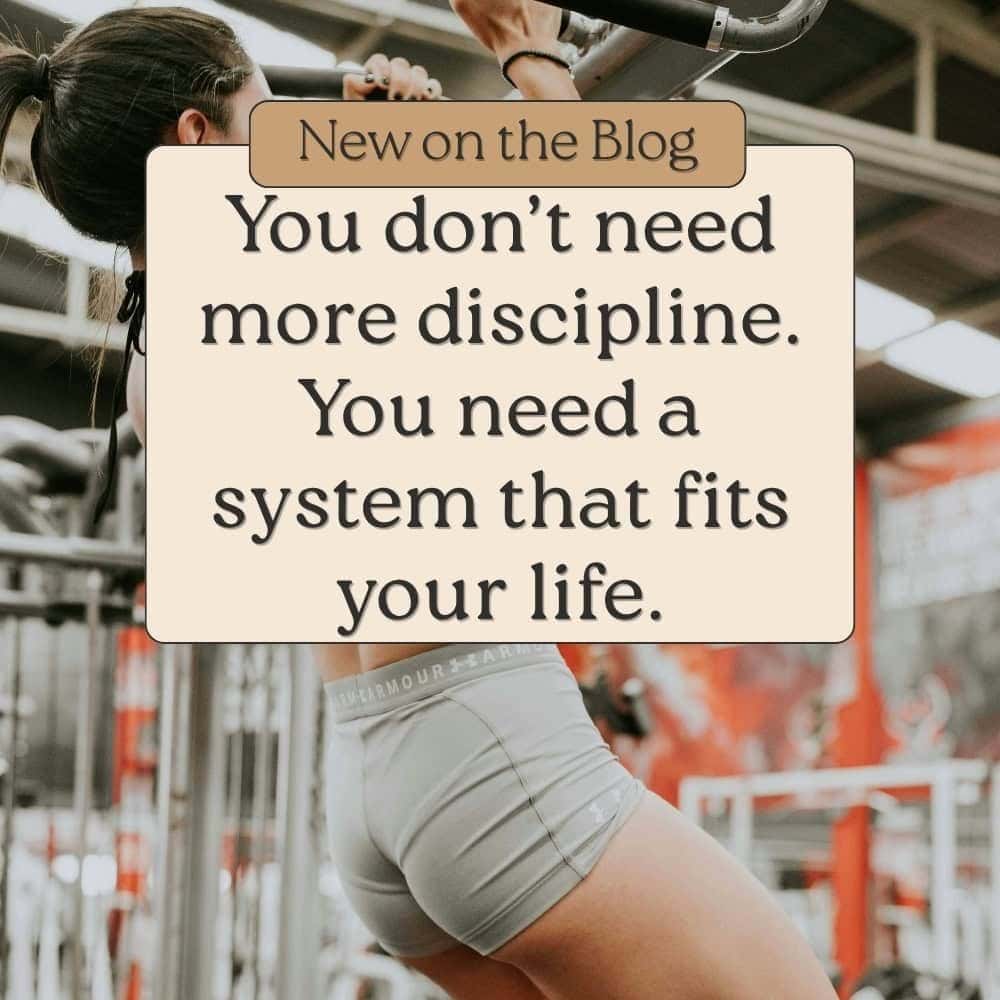 Woman doing pull ups in gym with quote about building a sustainable system