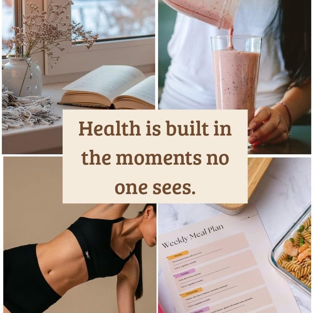 Healthy Lifestyle collage with reading, smoothie, workout and meal planning
