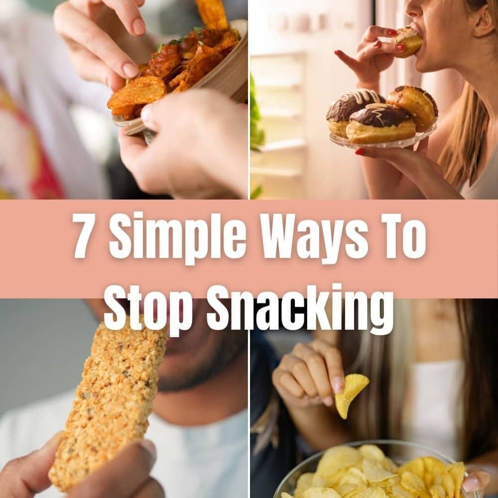 Collage with different picture showing people that grab a snack to eat it. 