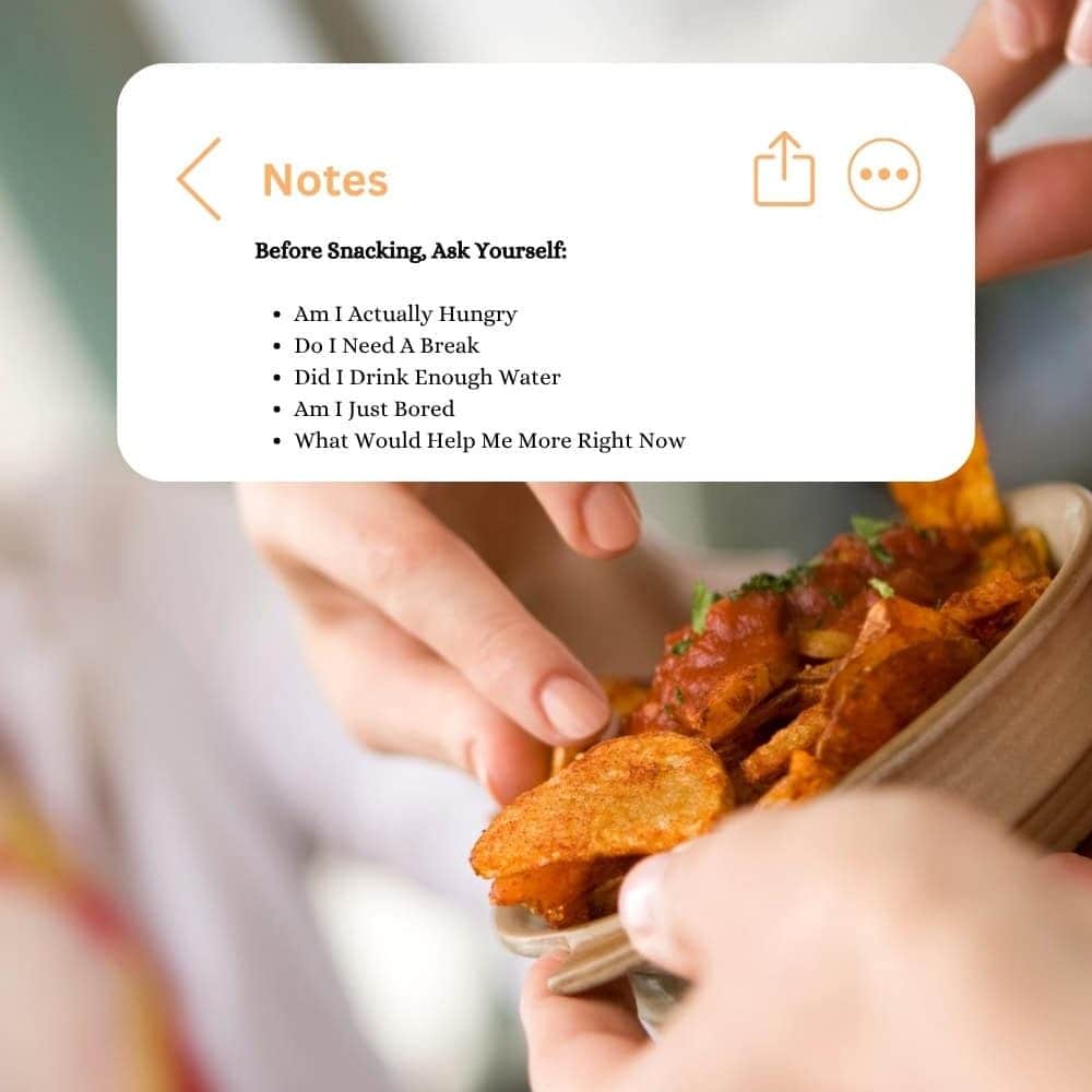 Backround shows picture of bowl of potato chips. Topic of the picture how to stop snacking 