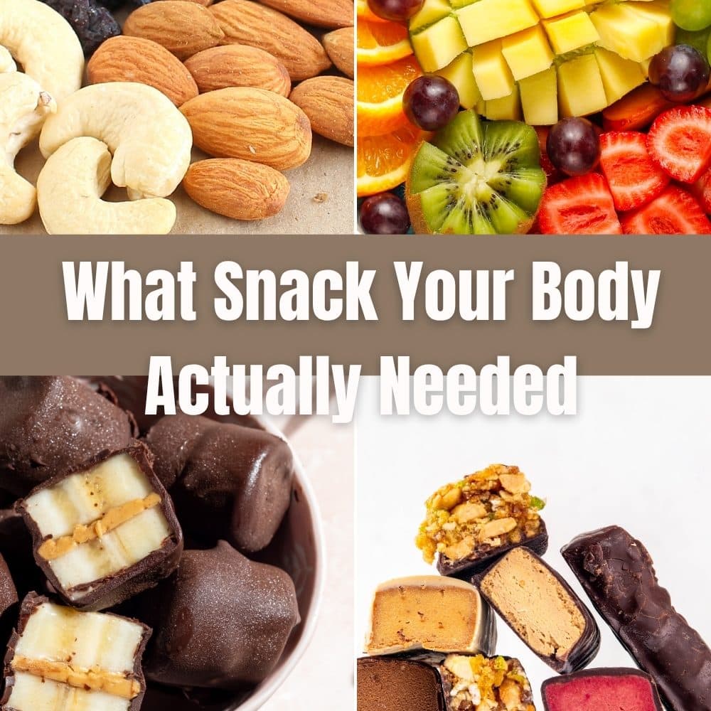 Collage of different snacks like banana, nuts, fruits and protein bars