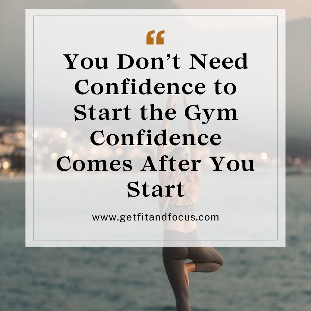 Women doing yoga at the ocean. Motivational Quote in the front of the picture about gym confidence
