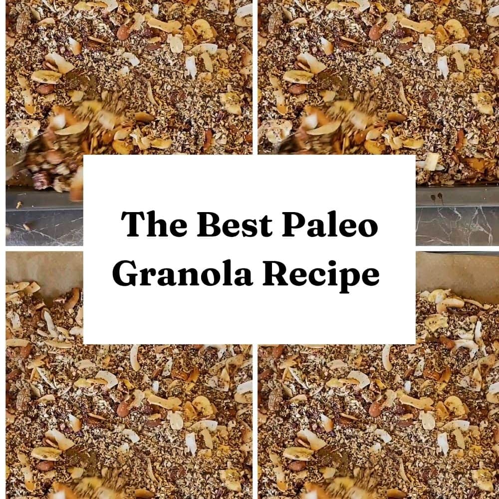 Collage showing paleo granola with coconut, nuts and chaiseeds baked on a baking tray 