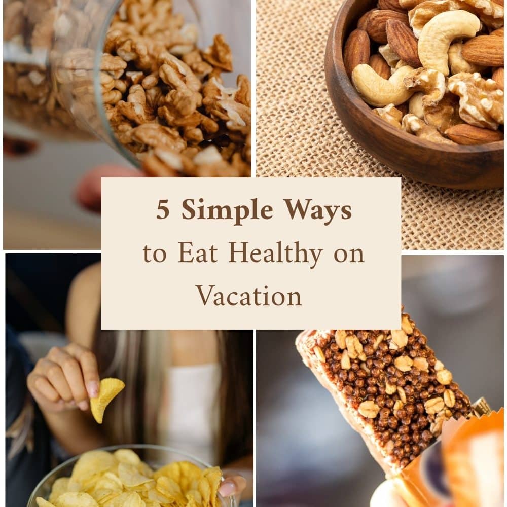 Collage showing different snacks like chips, granola bar and nuts 