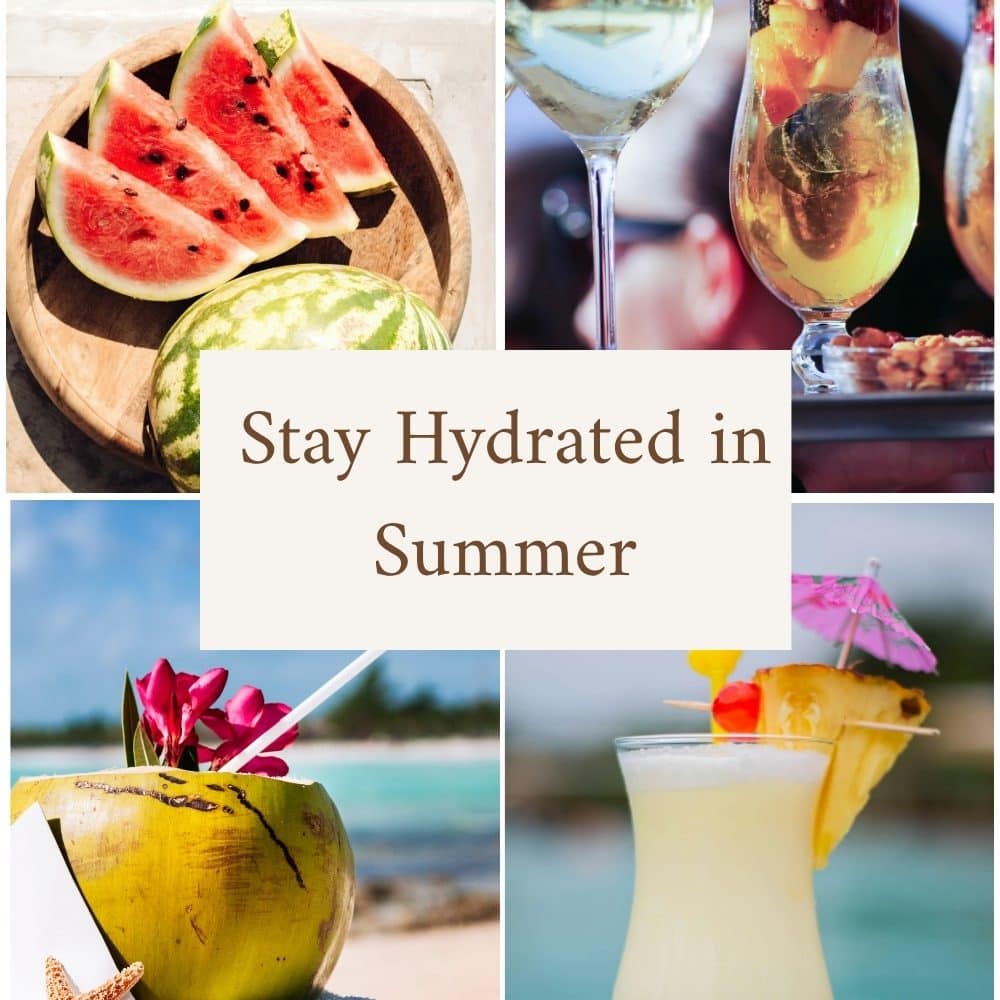 Different ways to stay hydrated on warm summer days like coconut water, watermelon and summer drinks at the pool