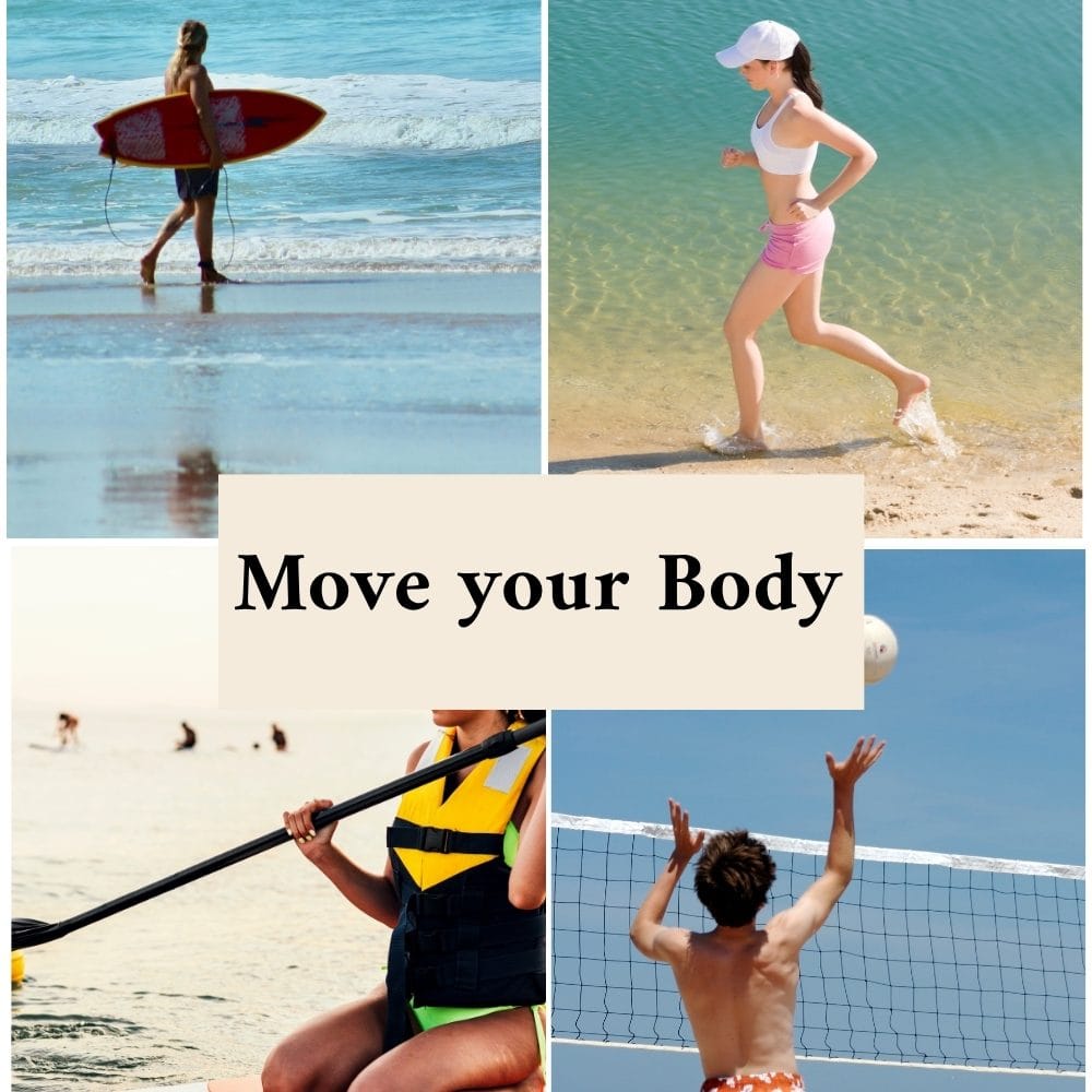 Collage of pictures showing different ways to move your body on holiday