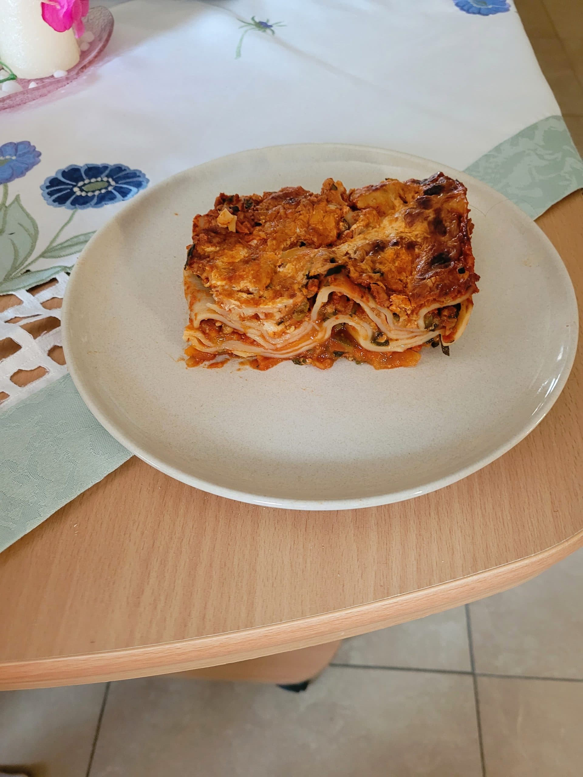 vegetable lasagna vegetarian with vegan ground meat on a plate