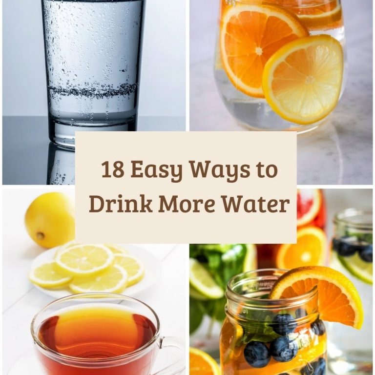 Collage showing 4 pictures of tea, a glas of water and water with sliced lemons added