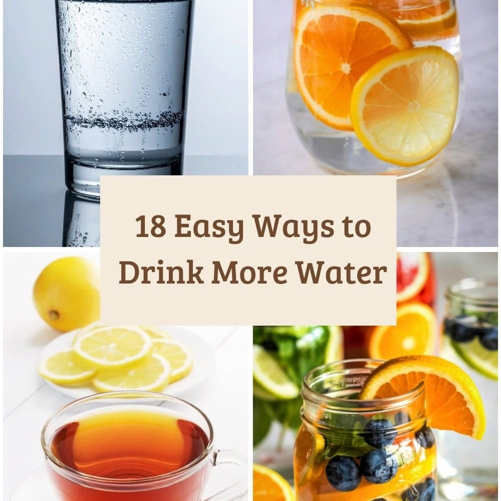 Collage showing 4 pictures of tea, a glas of water and water with sliced lemons added