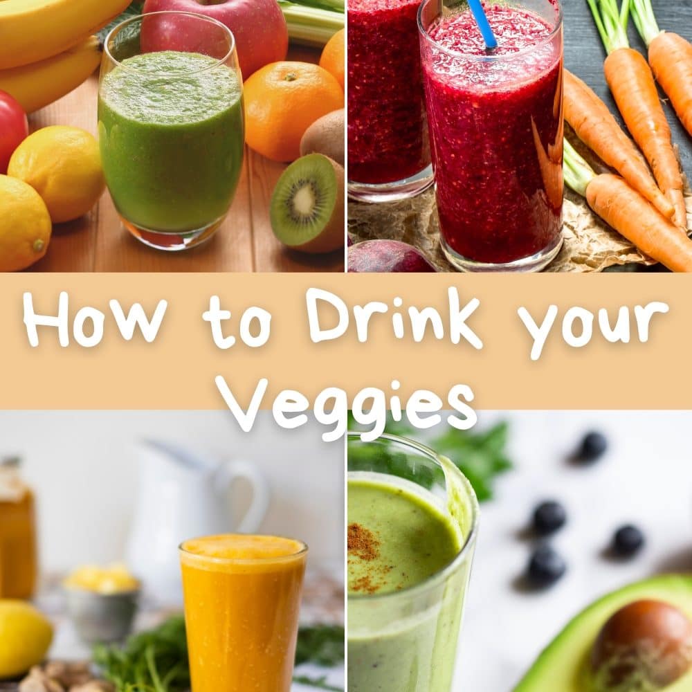 Collage of different smoothies with different veggies inside like carrots avocado or celery. topic of the image: how to drink your vegetables