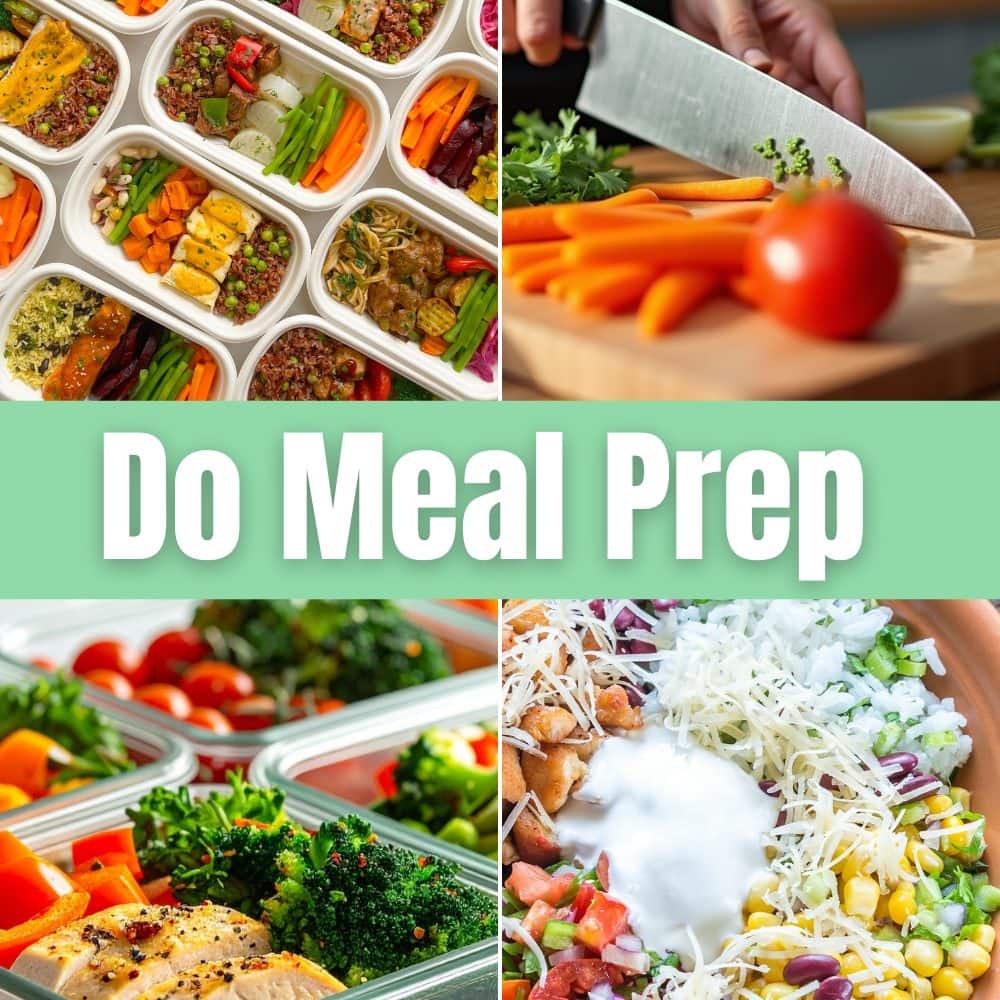 Collage of different meal prep variations in glass containers or bowls. Topic of the image Do meal prep in order to eat more vegetables