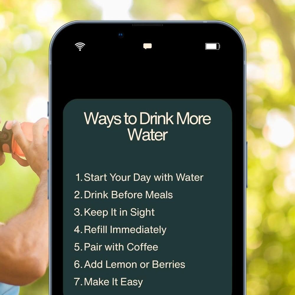 Smartphone displaying "18 Easy Ways to Drink More Water" tips for better hydration.