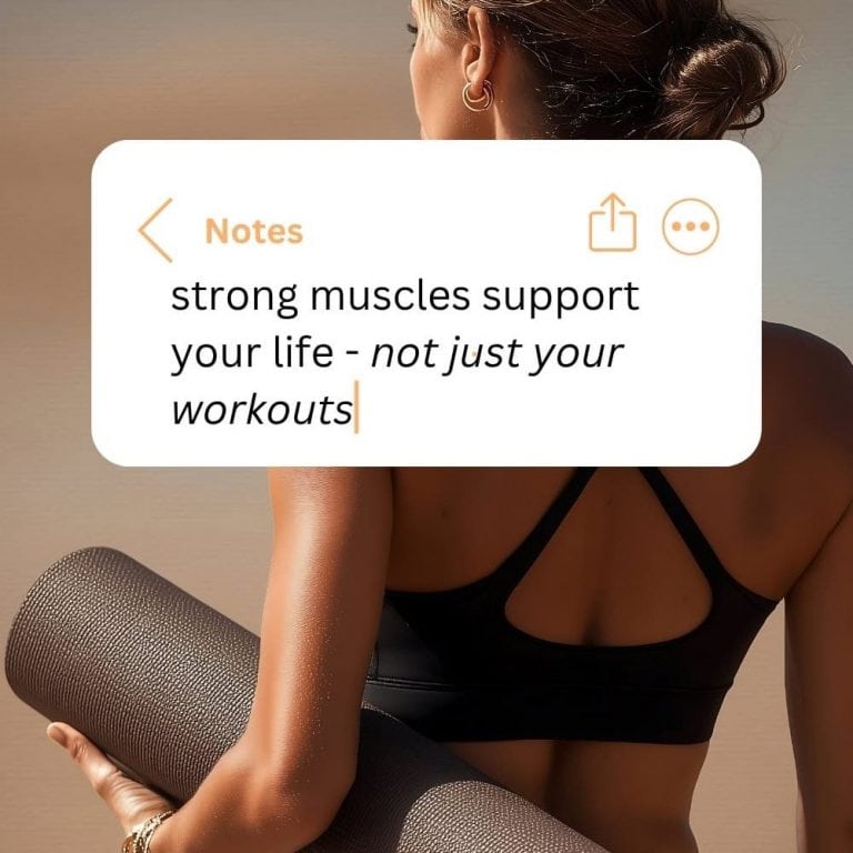 Woman holding yoga mat with motivational note about muscle support and workouts.