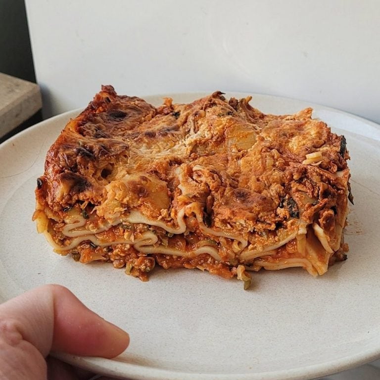Delicious vegetarian lasagna with vegan ground meat and fresh vegetables.
