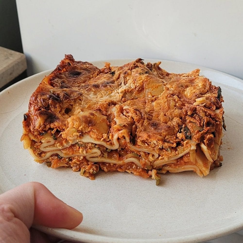 Delicious vegetarian lasagna with vegan ground meat and fresh vegetables.