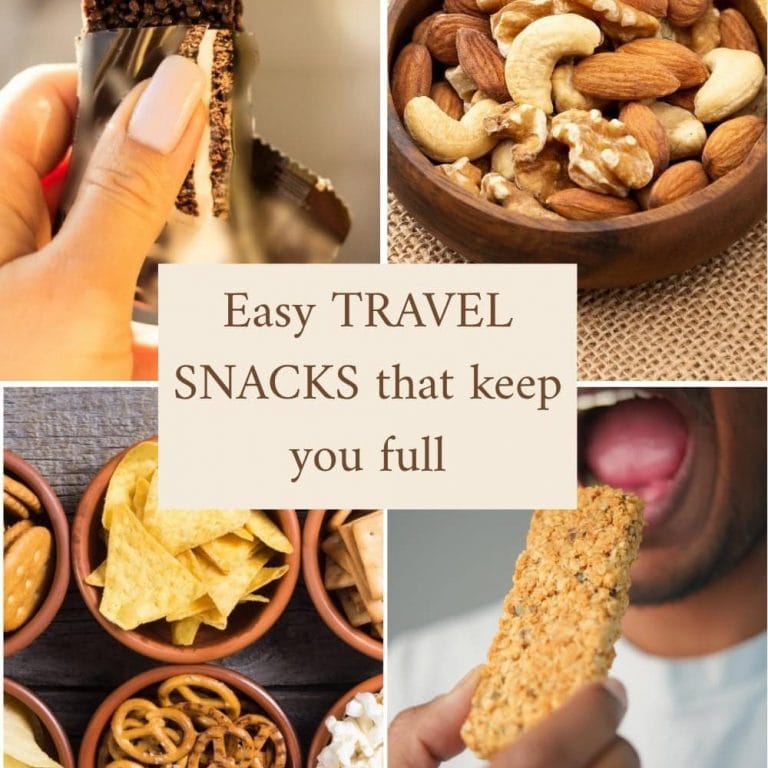 Collage showing easy travel snacks like a protein bar, nuts and more