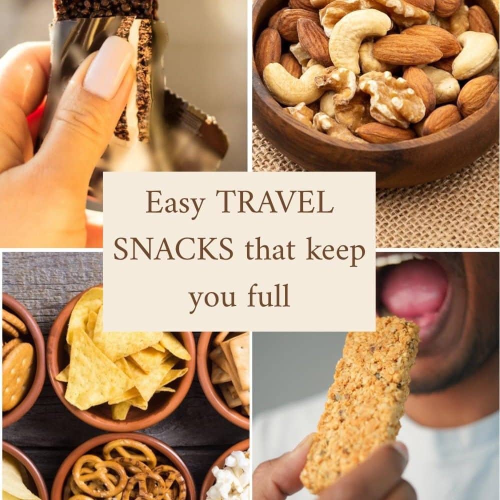 Collage showing easy travel snacks like a protein bar, nuts and more