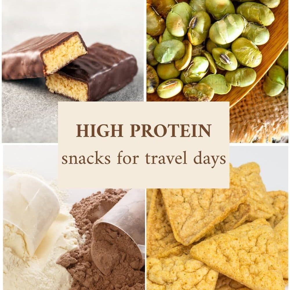 Pocture showing different kinds of protein like powder edamame and protein bar. Topic of the image high protein snacks of traveling 