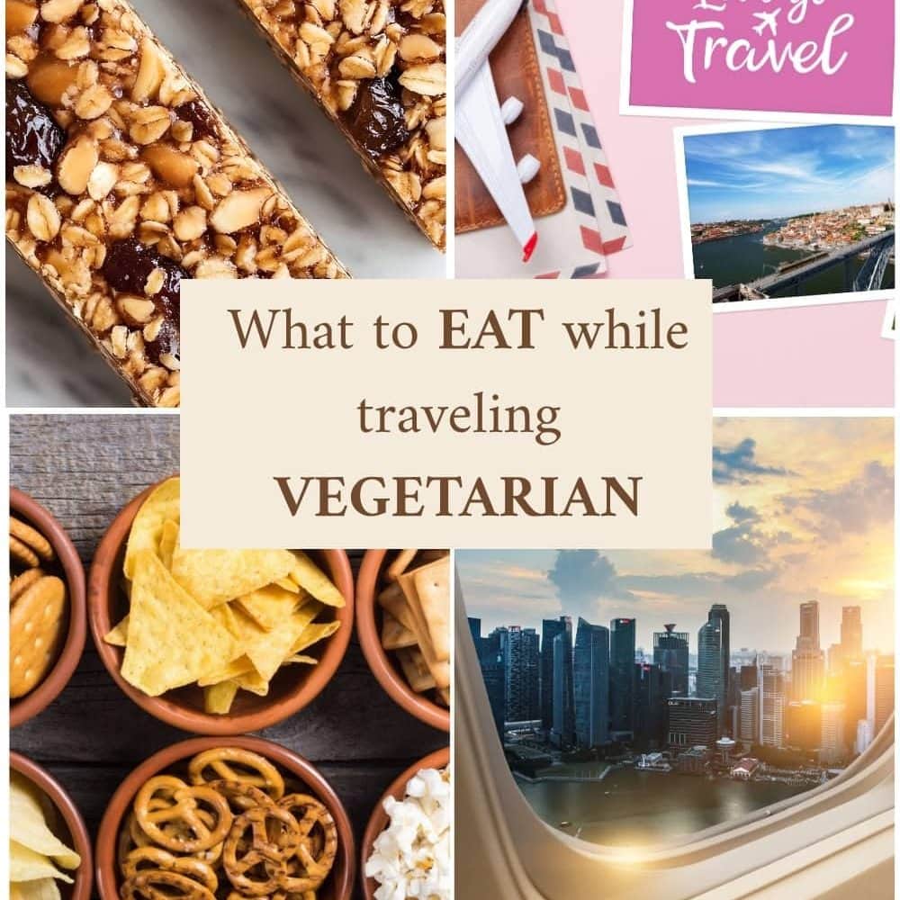 Picture showing vegetarian travel food idea like a granola bar chips and an airplane window 