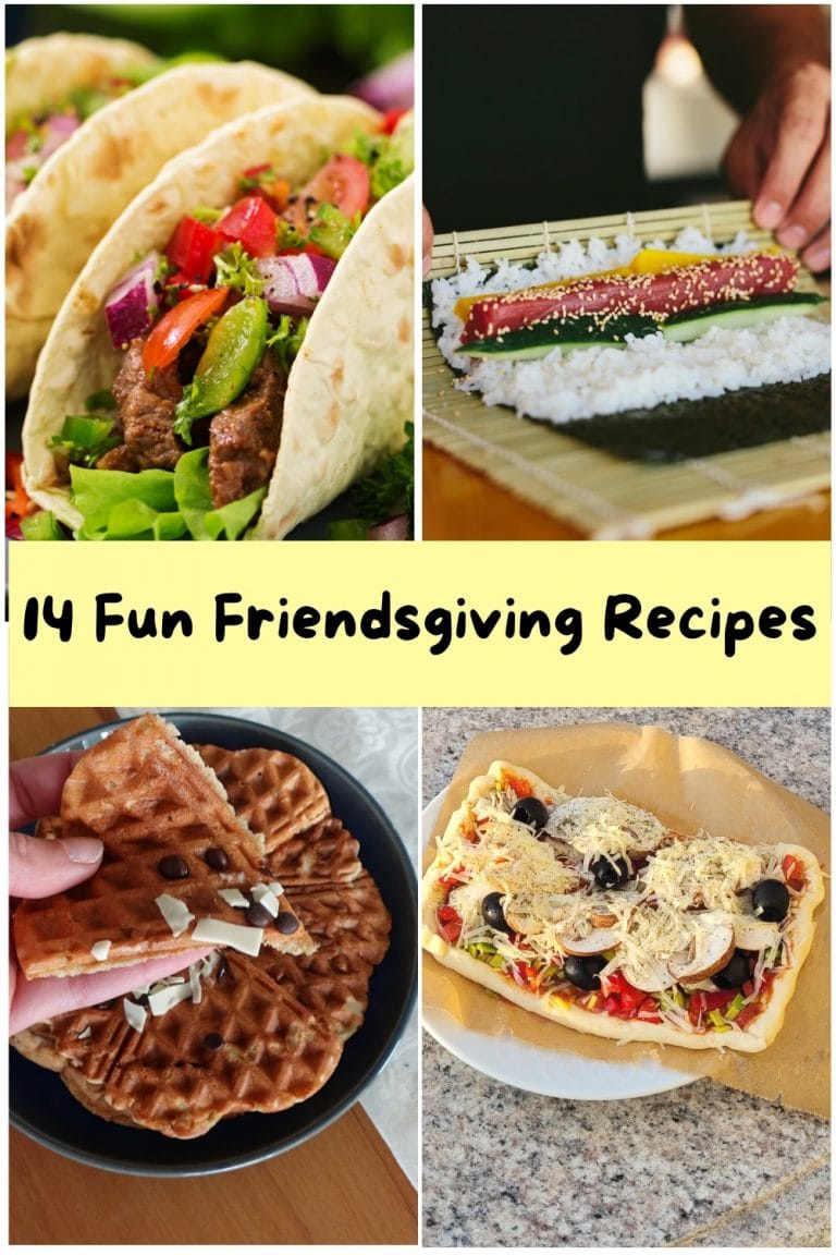Assorted Thanksgiving dishes including tacos, sushi, waffles, and pizza for festive celebration.