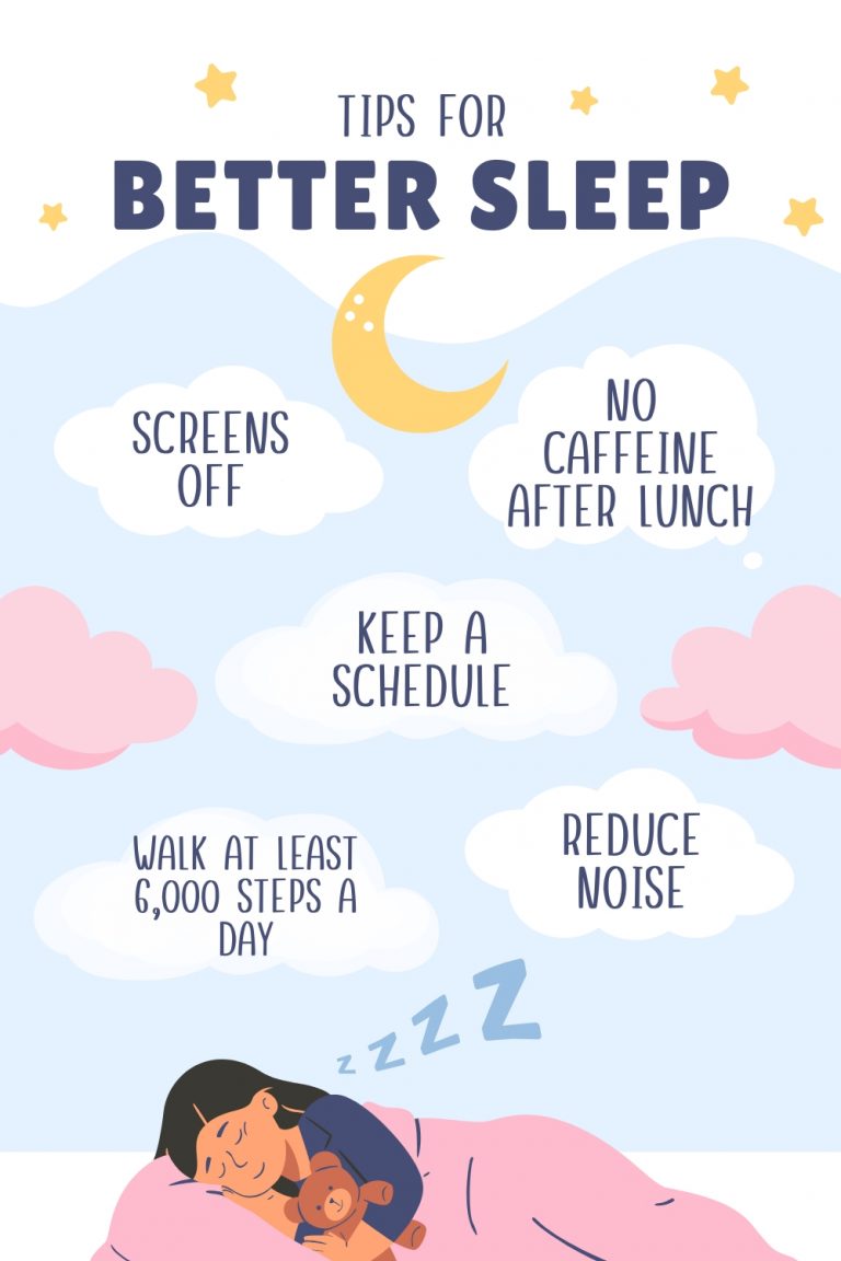 Tips for improving sleep including screens off and no caffeine after lunch.