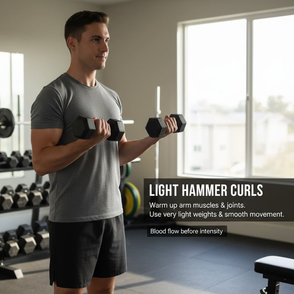 Man performing light hammer curls with dumbbells in gym for warm-up and blood flow.