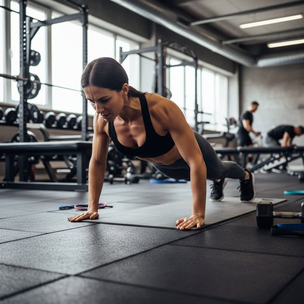 Woman doing push-ups in a modern gym for strength training and fitness.