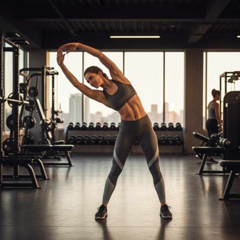 Woman stretching in gym for fitness and flexibility training.