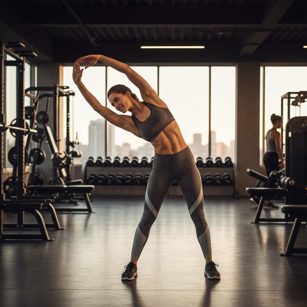 Woman stretching in gym for fitness and flexibility training.