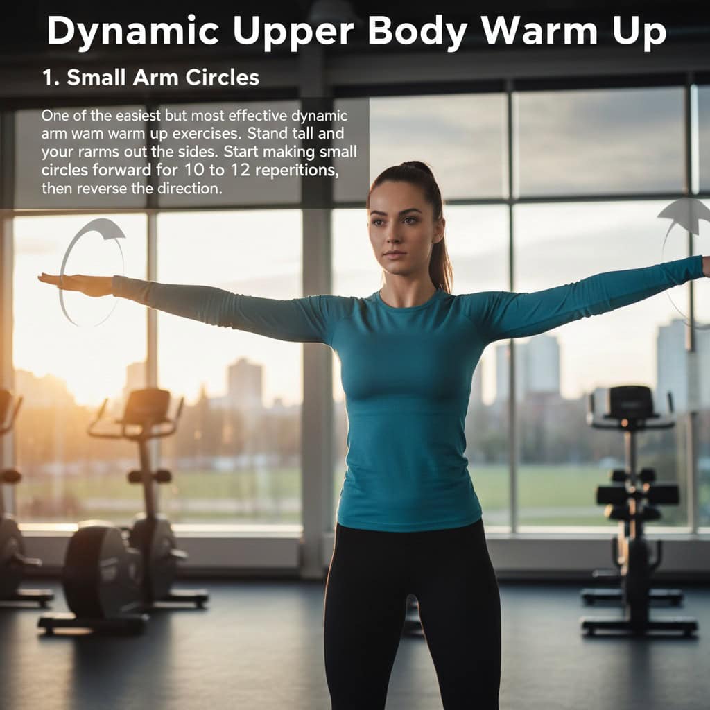 Woman performing arm circles warm-up exercise in gym for upper body activation.