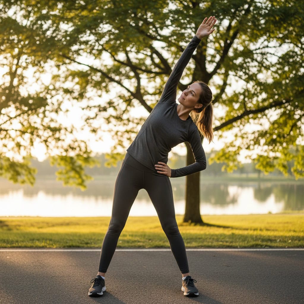 Woman stretching outdoors in park, promoting fitness, flexibility, and healthy lifestyle.