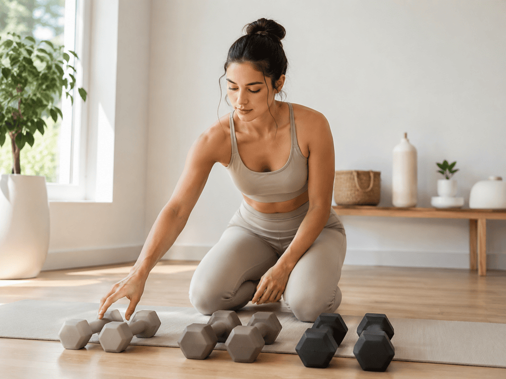 Woman sitting on her yoga mat in bright, modern home, in fron of her different dumbbells. Picking which dumbbell weight she wants to use