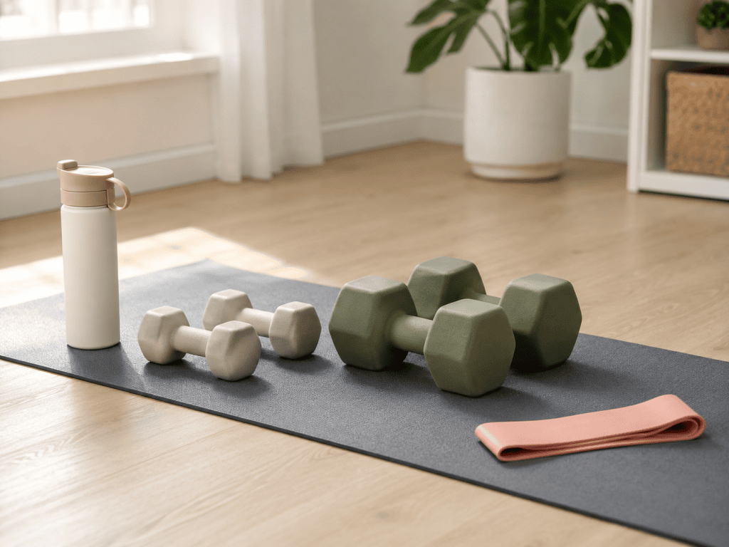 Home workout equipment with dumbbells, water bottle, and yoga mat on exercise mat.