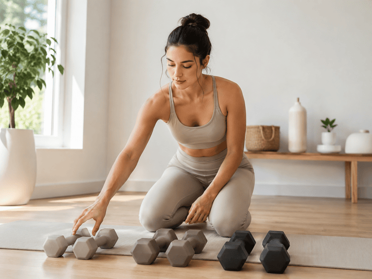 Woman exercising with dumbbells on yoga mat in bright, modern home.