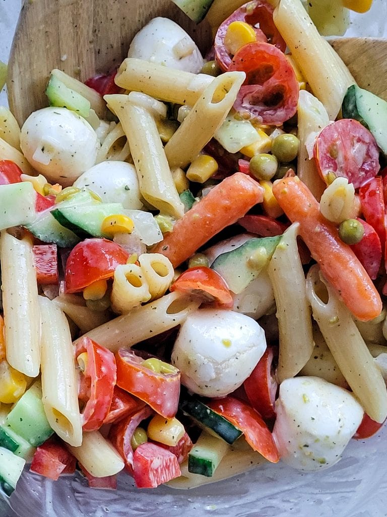 Vibrant pasta salad with vegetables and mozzarella cheese for a nutritious meal.