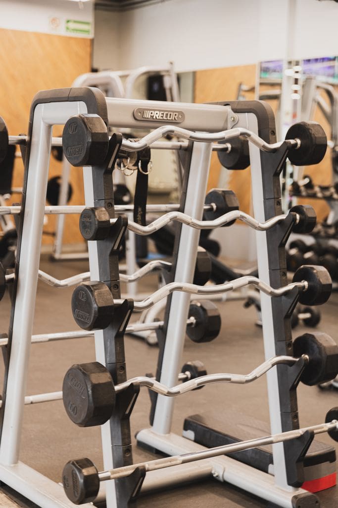 Dumbbell rack with various weights in a fitness center.