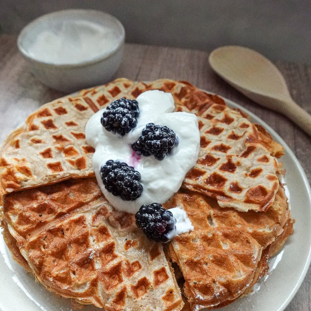 Waffle topped with blackberries and yogurt, served with a side of cream.