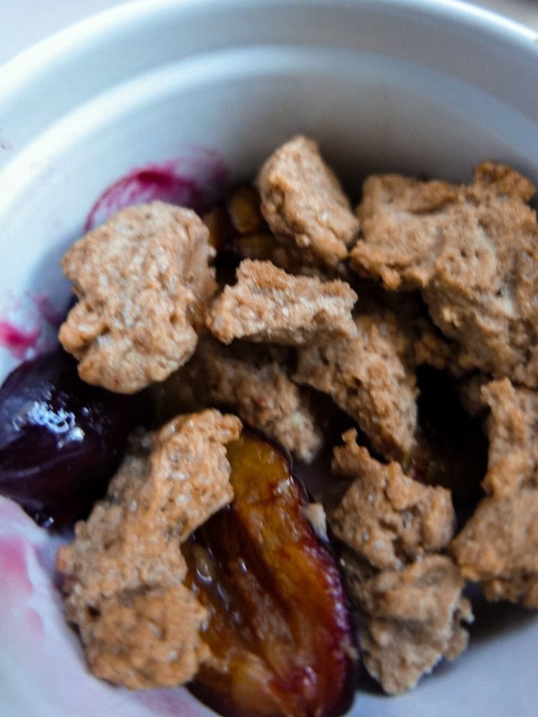 Close-up of healthy plum crumble with oats and berries in a bowl.