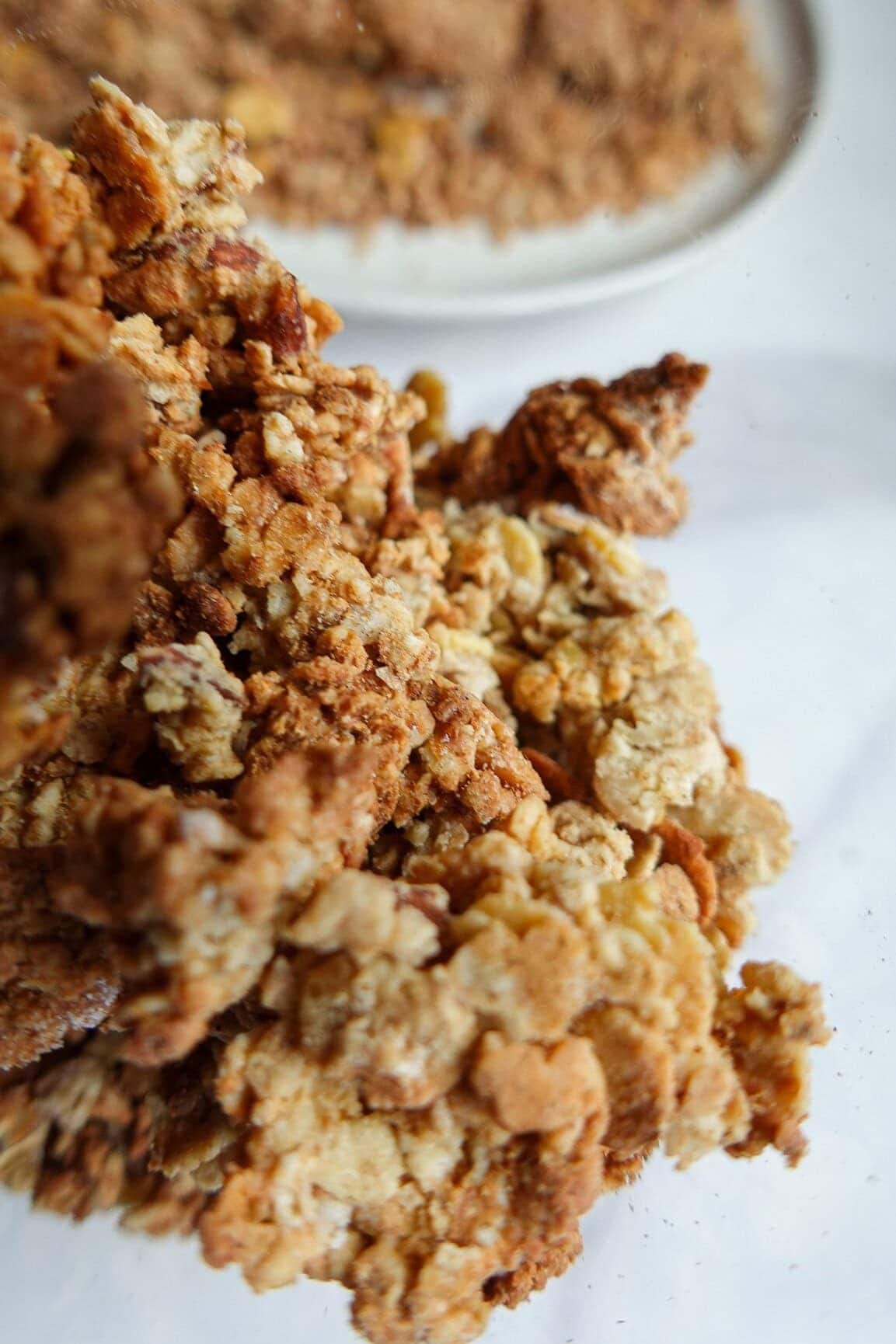 Close-up of crunchy oat crumble topping for dessert.