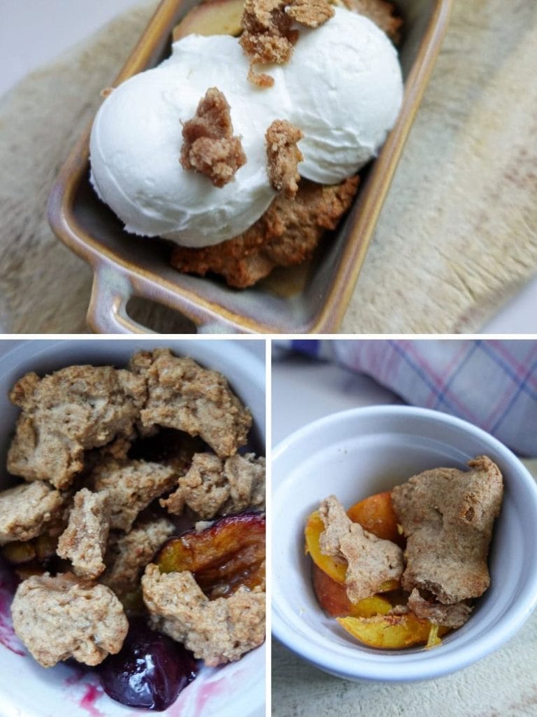 Homemade crumble topping with ice cream and fruit for dessert.